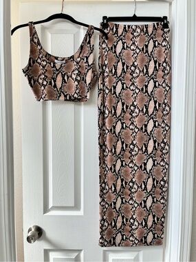 Revamped Brown & Black Python Print Crop Tank and Maxi Skirt Set
